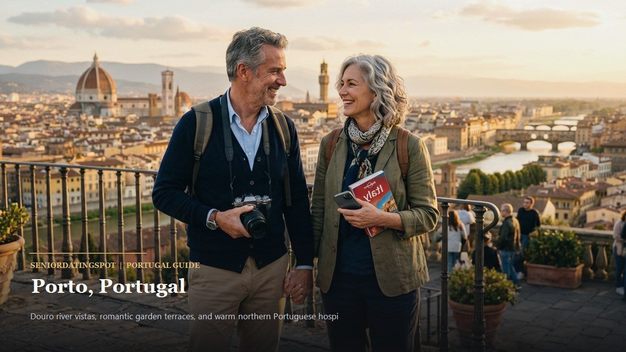 Mature couple walking through the manicured gardens of Palácio de Cristal overlooking the Douro River in Porto