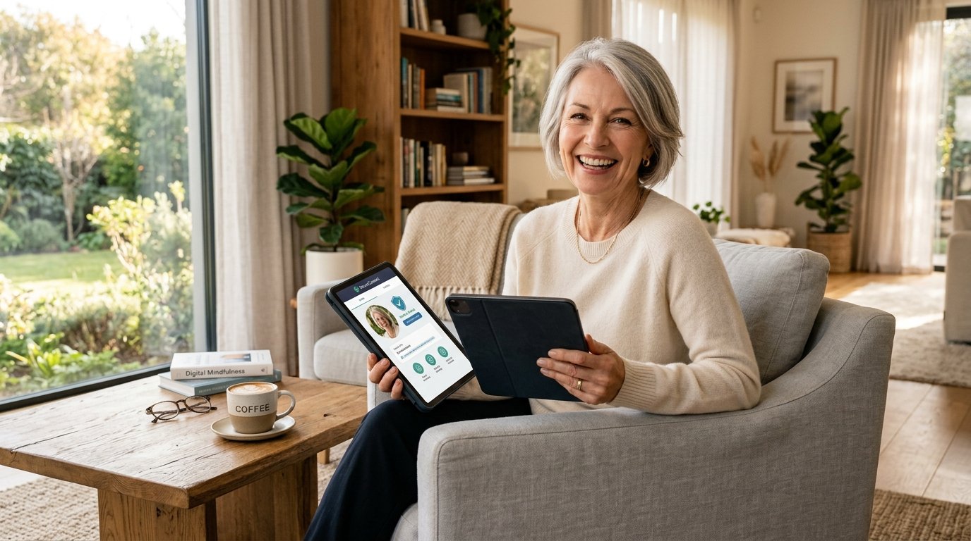 Confident, smiling silver-haired woman in her 60s holding a tablet with peace of mind in a bright home, illustrating senior online dating safety