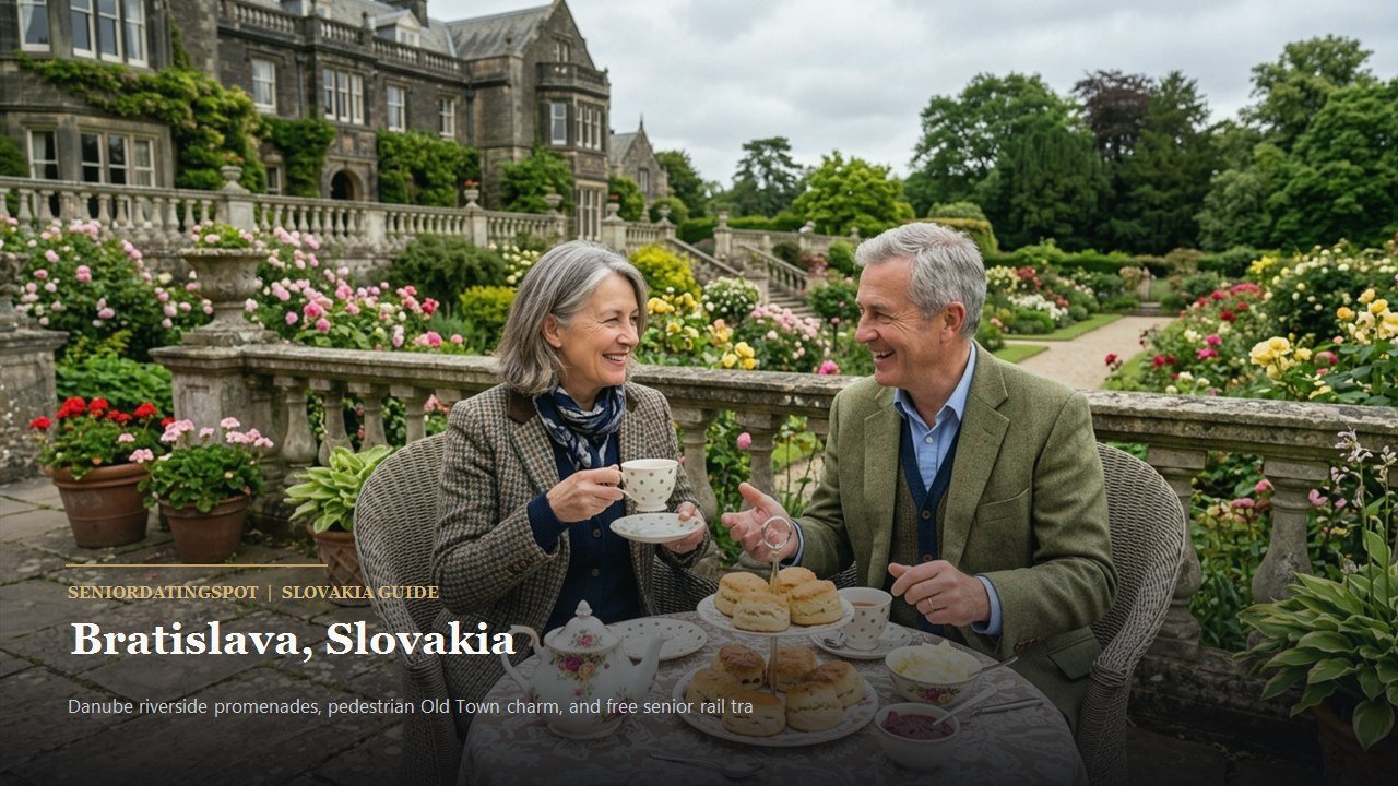 Mature Slovak couple walking along the Danube riverfront promenade in Bratislava with castle views