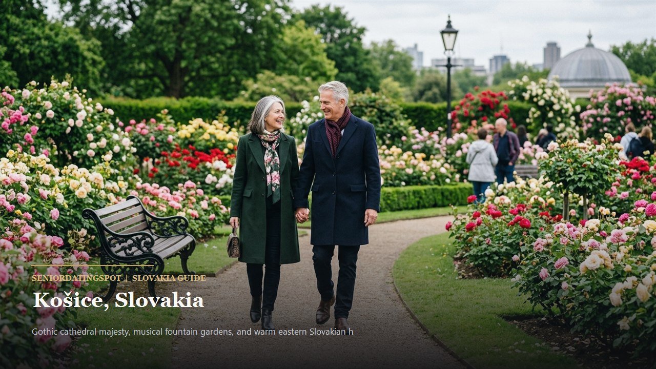 Mature couple walking along the pedestrian Hlavná ulica in Košice with Gothic cathedral views