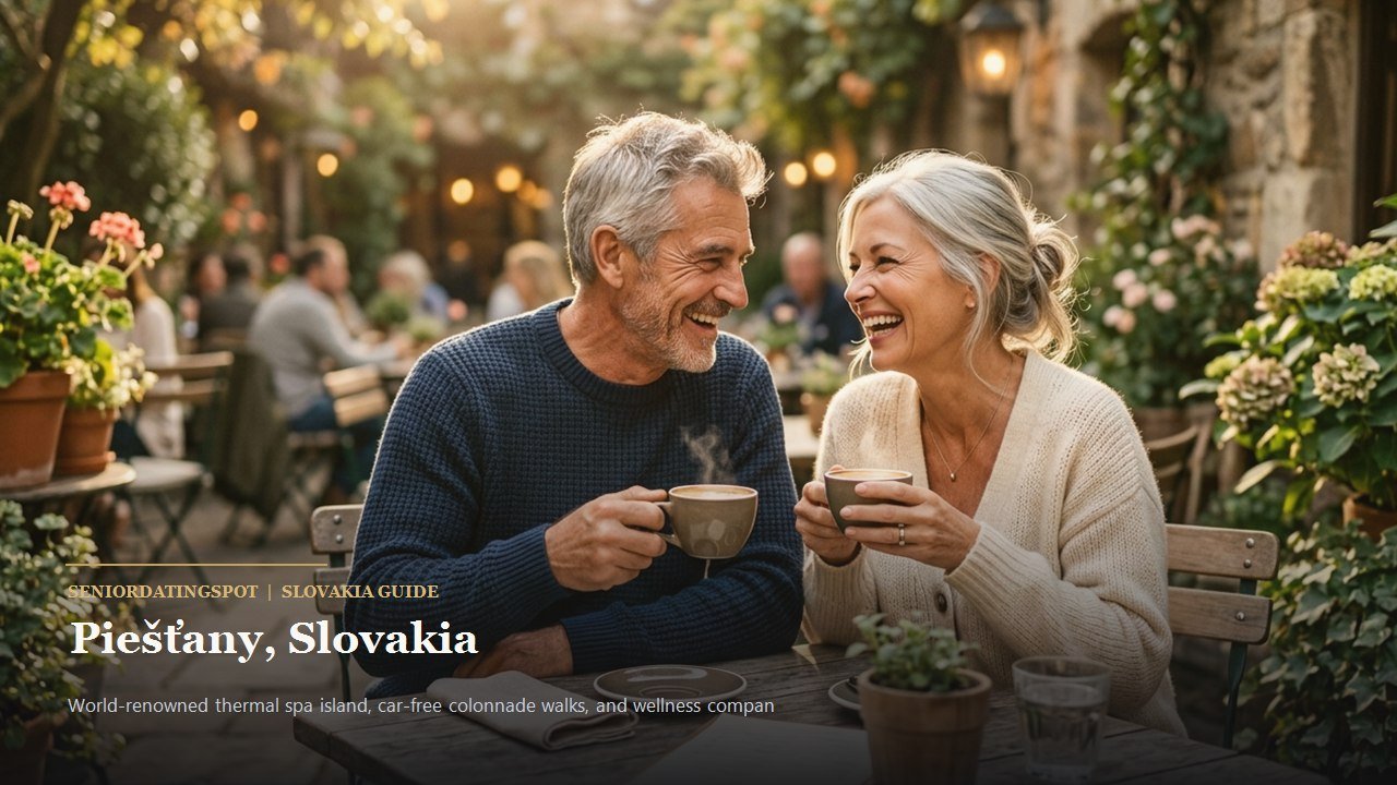 Mature couple walking across the Colonnade Bridge onto Spa Island in Piešťany