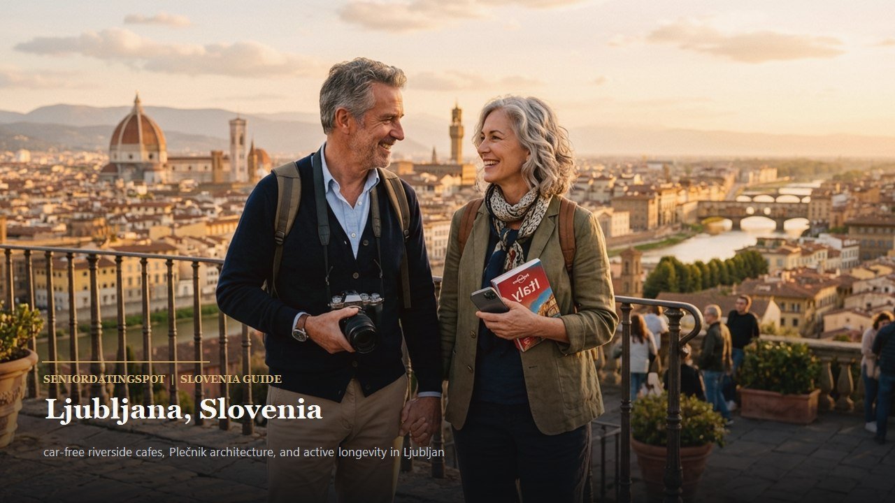 Mature Slovenian couple sitting at a riverside cafe along the Ljubljanica river in Ljubljana