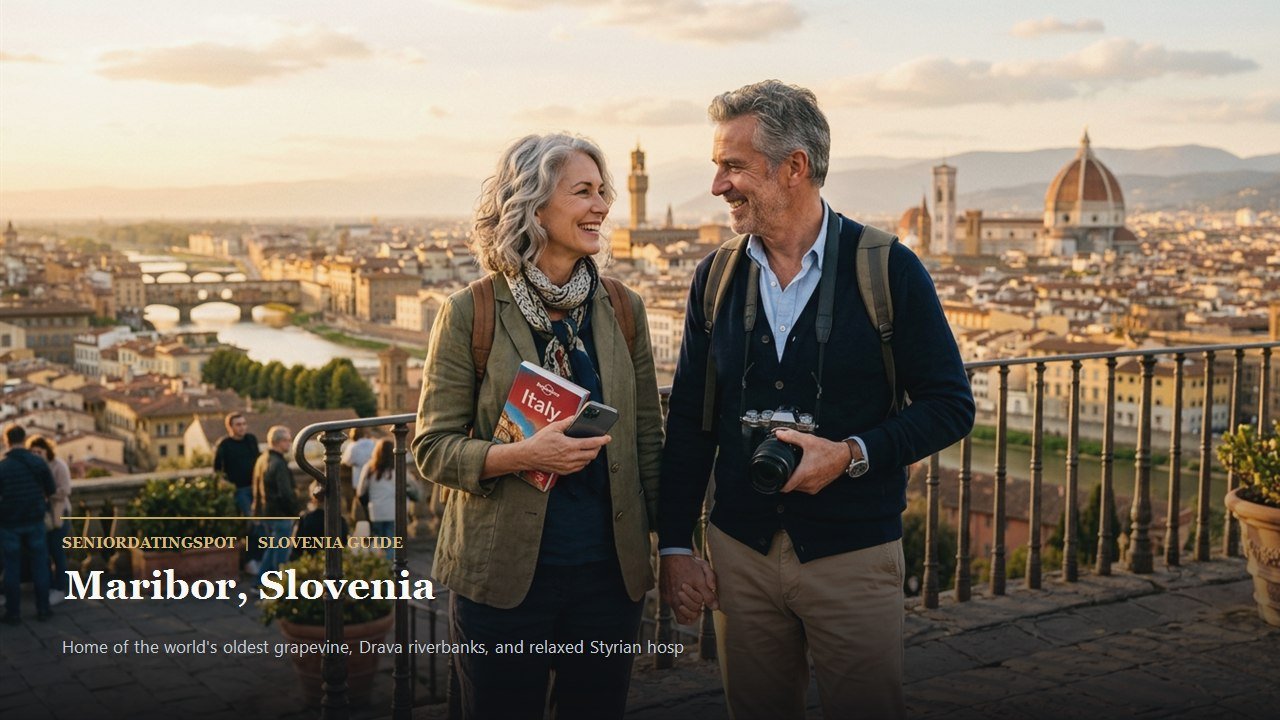 Mature couple walking past the historic Old Vine House along the Drava river in Maribor