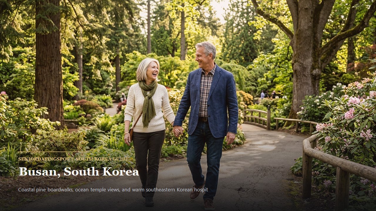 Mature couple walking along the coastal boardwalk of Dongbaekseom in Busan