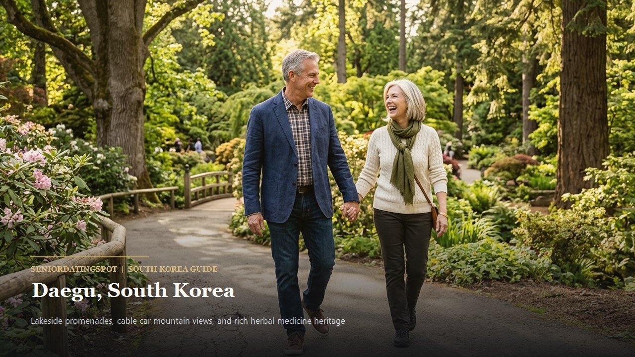 Mature couple enjoying coffee along the lake promenade at Suseong Lake in Daegu