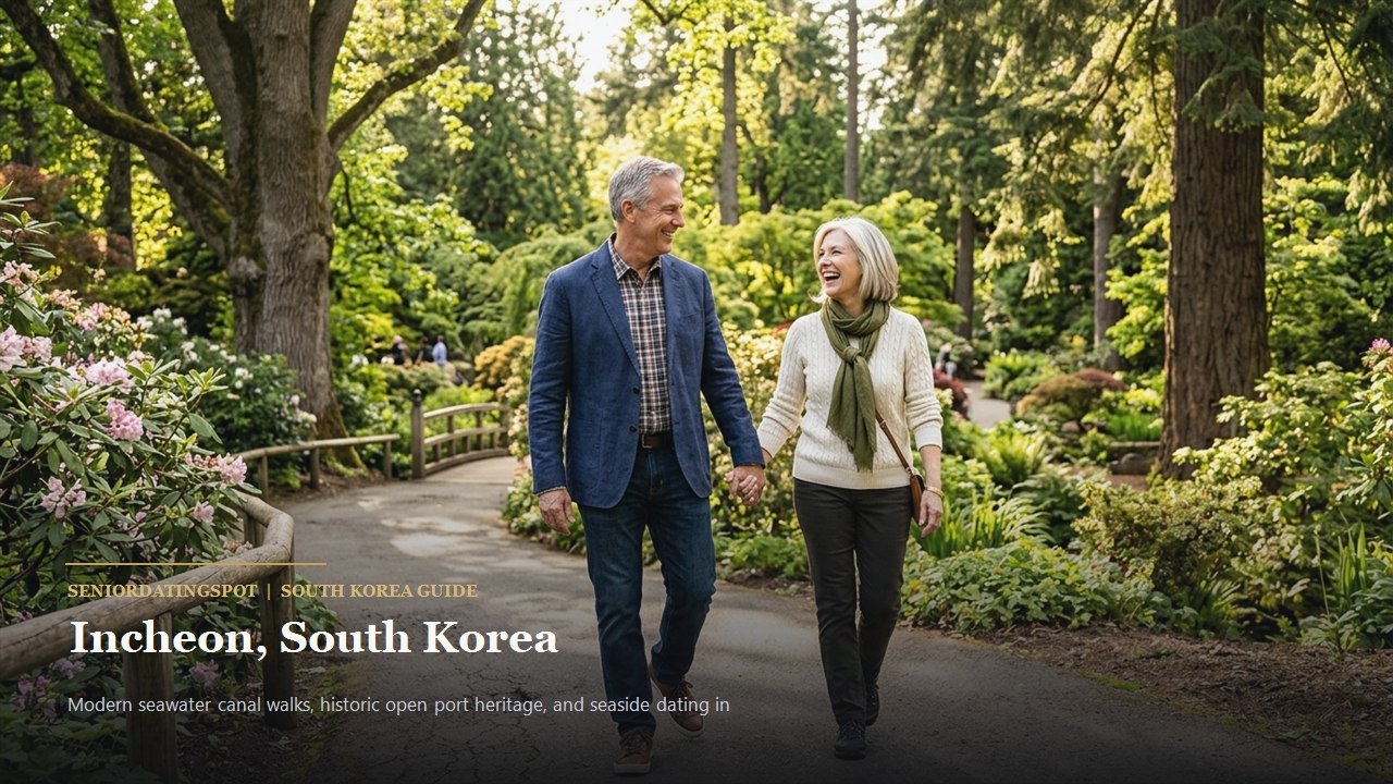 Mature couple enjoying a walk along the seawater canal in Songdo Central Park Incheon