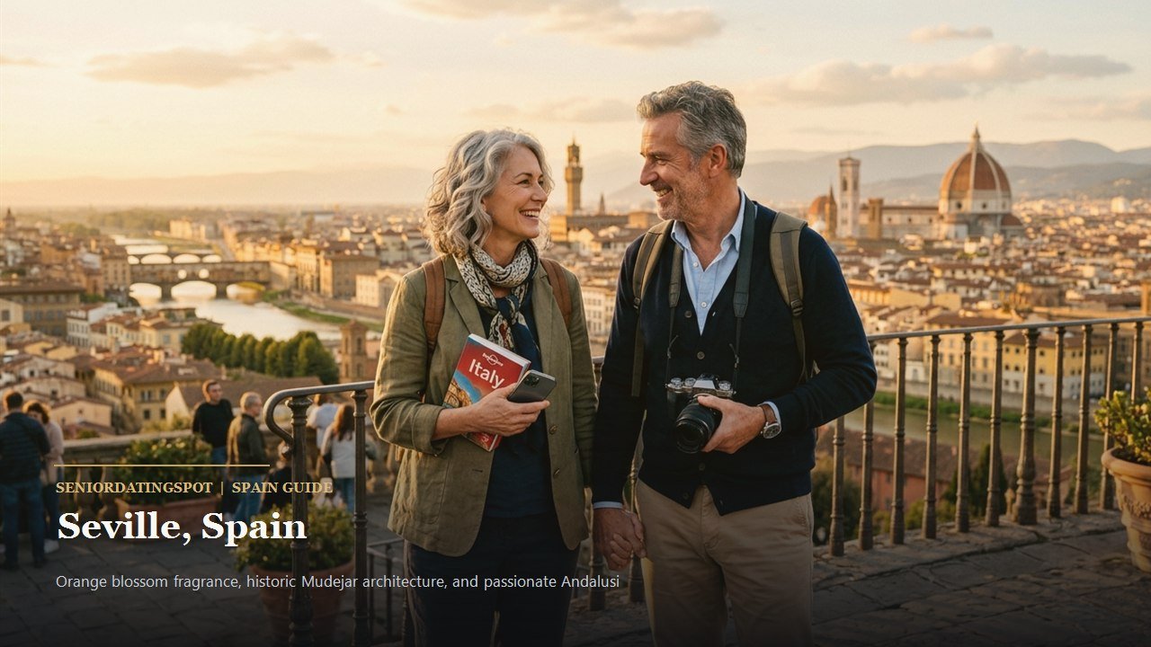 Mature couple walking through the romantic Parque de Maria Luisa in Seville