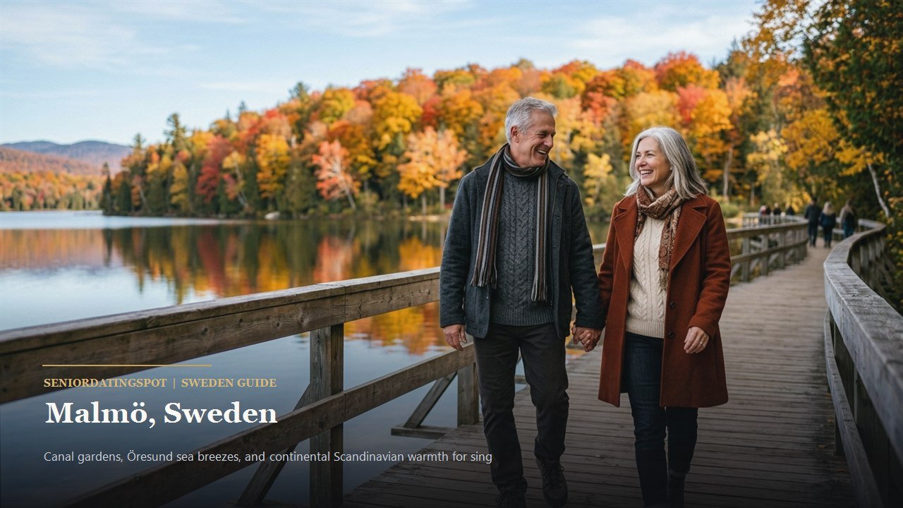 Mature couple walking along the seaside promenade at Ribersborg in Malmö with views of the Öresund Bridge