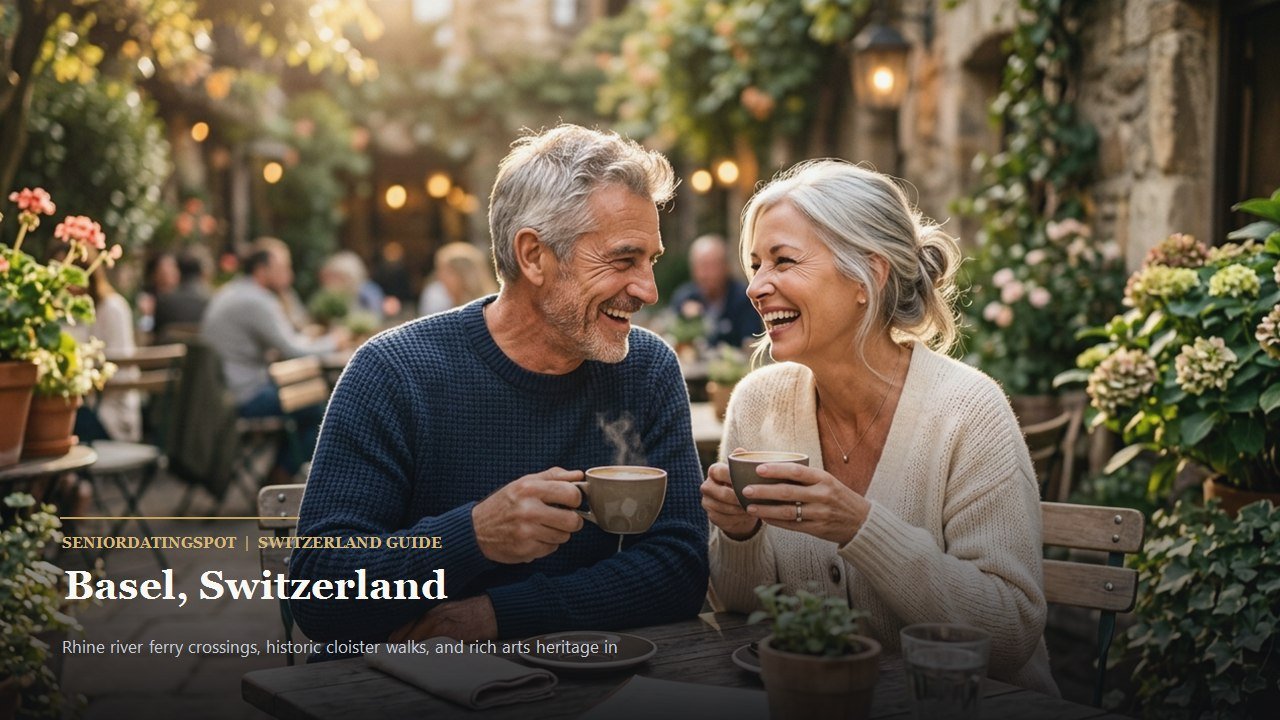 Mature couple enjoying coffee along the Rhine river promenade in Basel