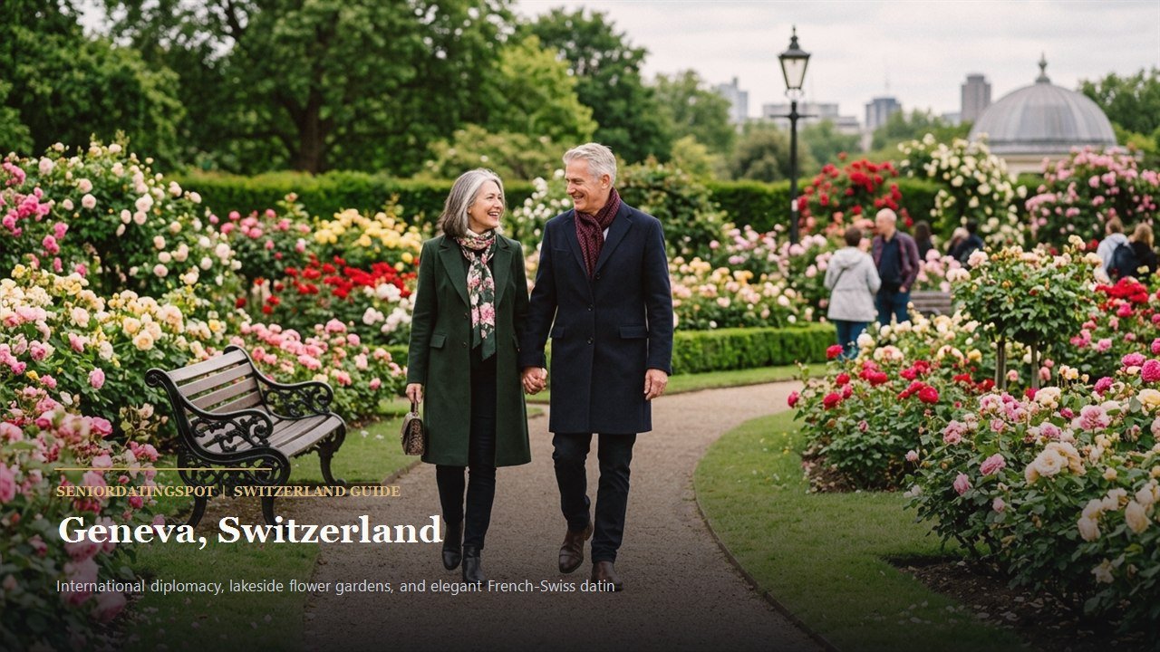 Mature couple strolling along the lakefront promenade in Geneva with Jet d'Eau fountain views