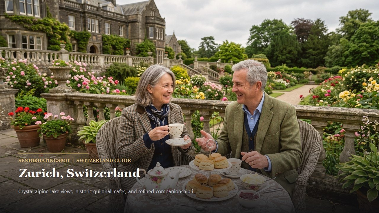 Mature Swiss couple enjoying coffee overlooking Lake Zurich with alpine peaks in the distance