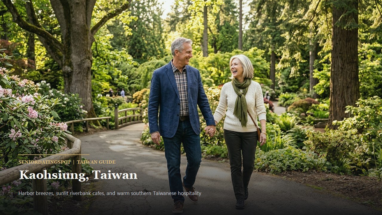 Mature couple walking along the pedestrian promenade of Love River in Kaohsiung