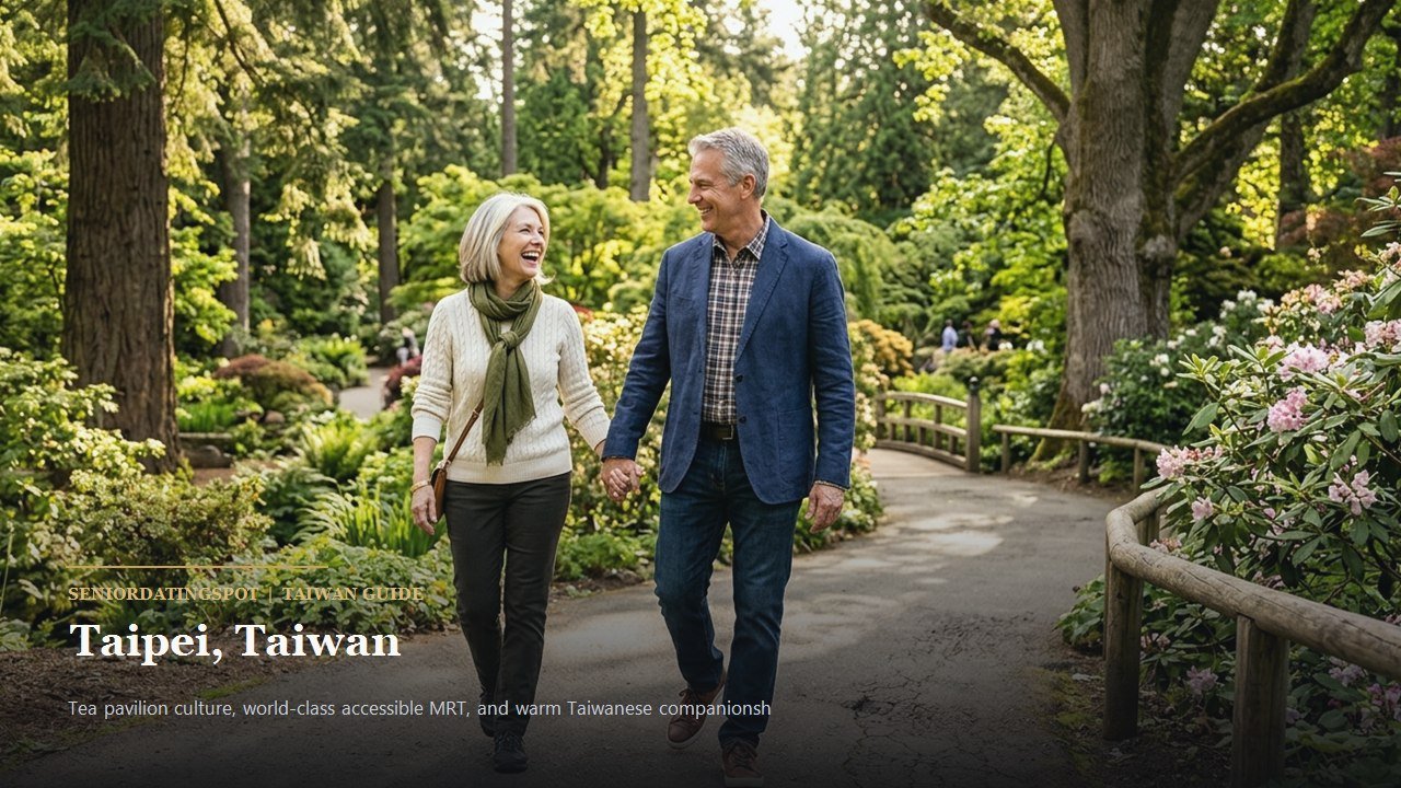 Mature couple walking along the shaded paths of Daan Forest Park in Taipei