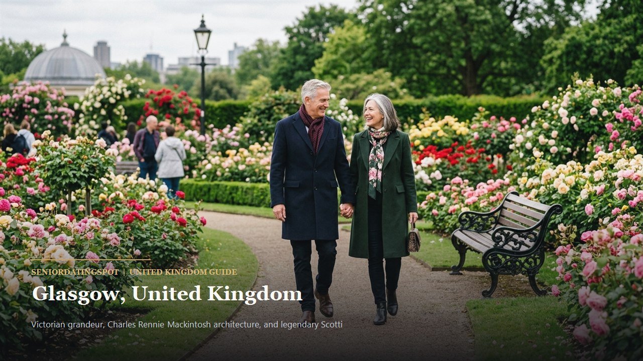Mature couple walking through Glasgow Botanic Gardens Kibble Palace glasshouse