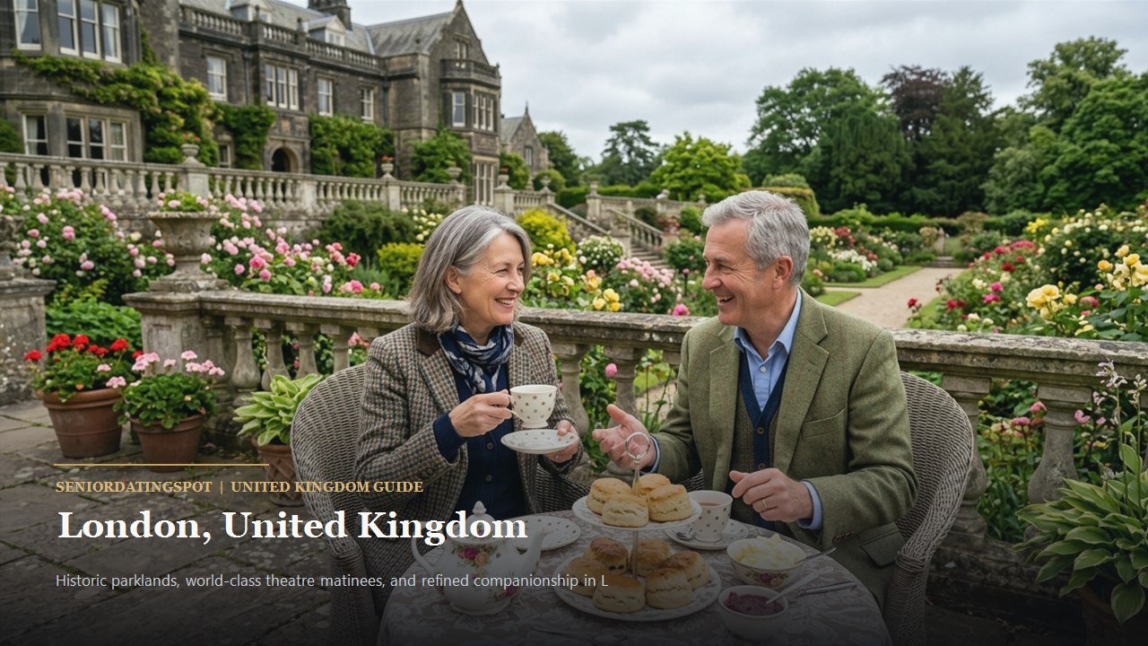 Elegant mature British couple walking in Queen Mary Rose Gardens in Regent Park London