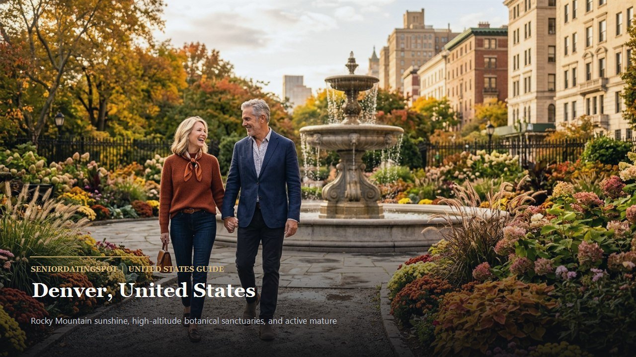 Mature couple walking through Denver botanical park with mountain views