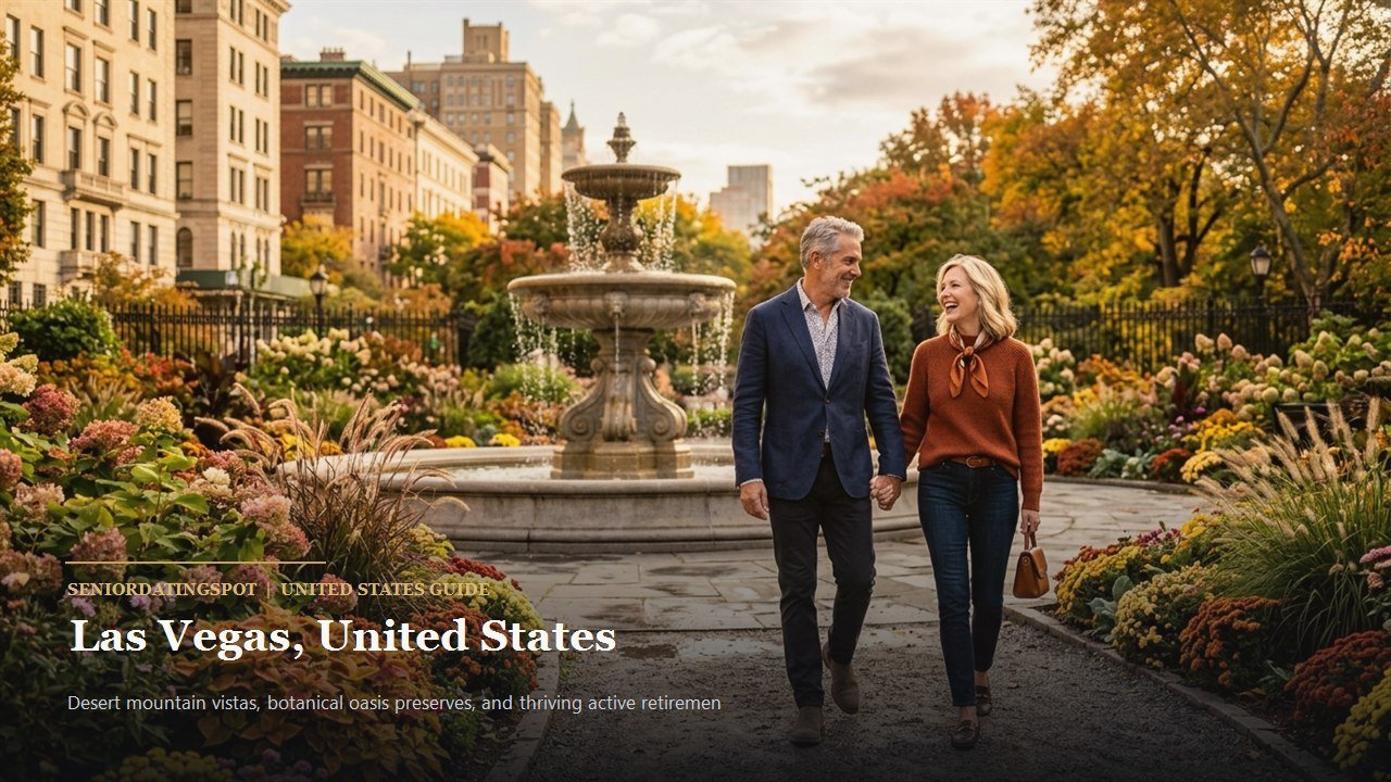 Mature couple smiling under shaded desert garden pavilion in Las Vegas