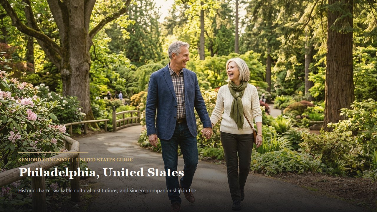 Mature couple walking through historic Philadelphia brick courtyard
