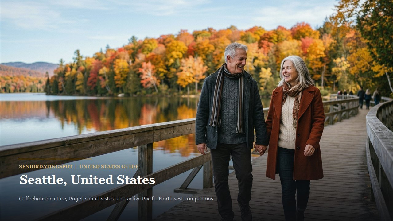Mature couple enjoying artisan coffee overlooking Puget Sound and mountains